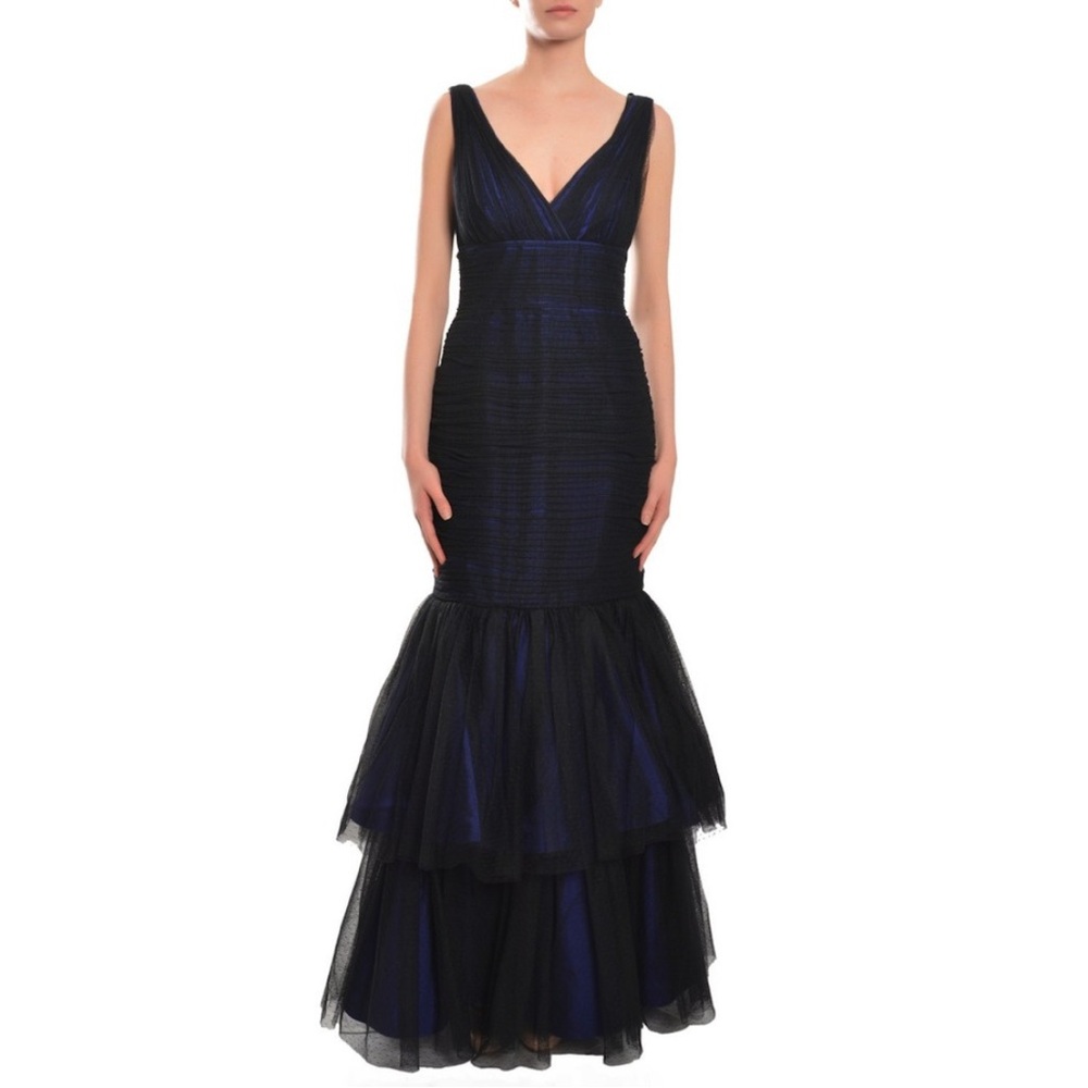 ML Monique Lhuillier V-Neckline Tiered Trumpet Gown in Black Cobalt